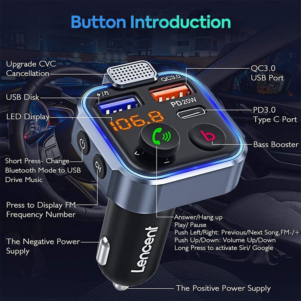 Bluetooth 5.0 Car Wireless FM Transmitter Adapter 2 USB PD Charger Hands-Free