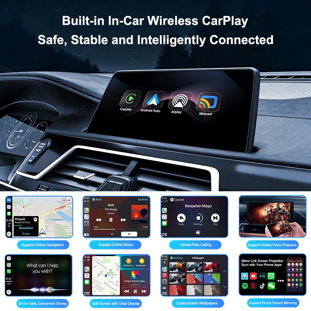 Wired to Wireless CarPlay Adapter for Apple iPhone/Android Auto/AirPlay/Miracast