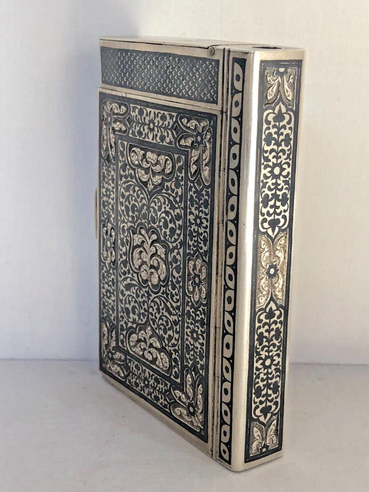 Antique Russian 84 Silver Niello Cigarettes Case in Middle Eastern Test.
