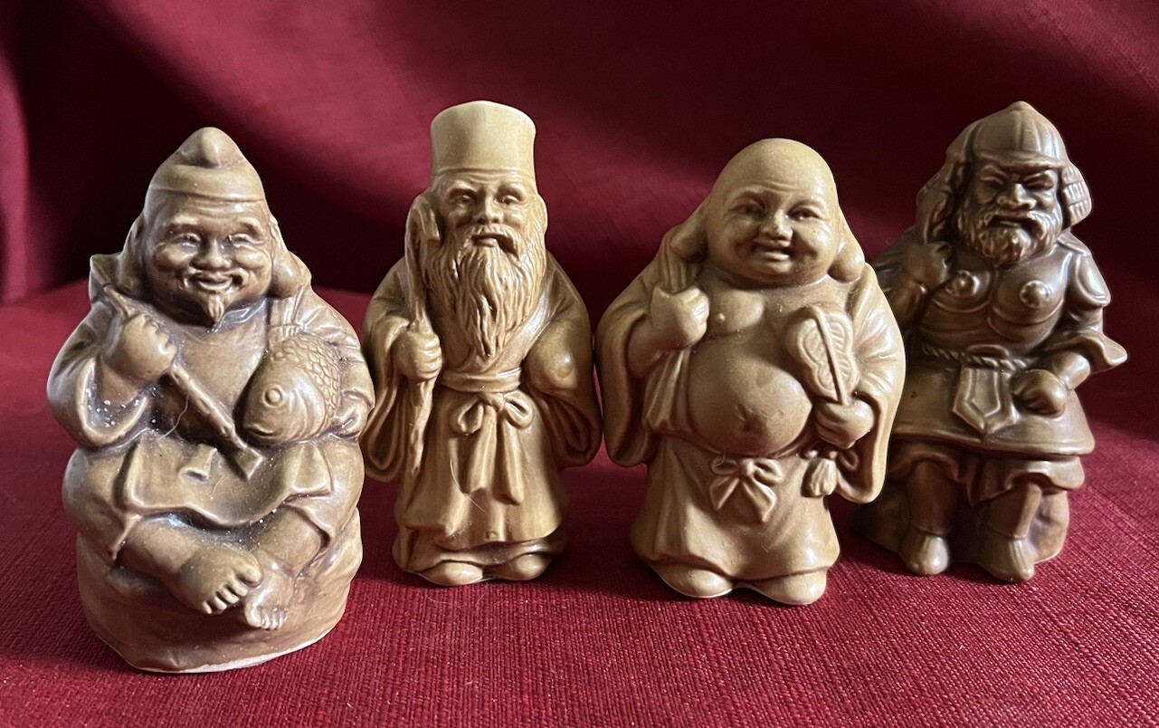 Vintage Japanese Porcelain Figurines Hotei, Ebisu, Samurai Warrior, Fukurokuju