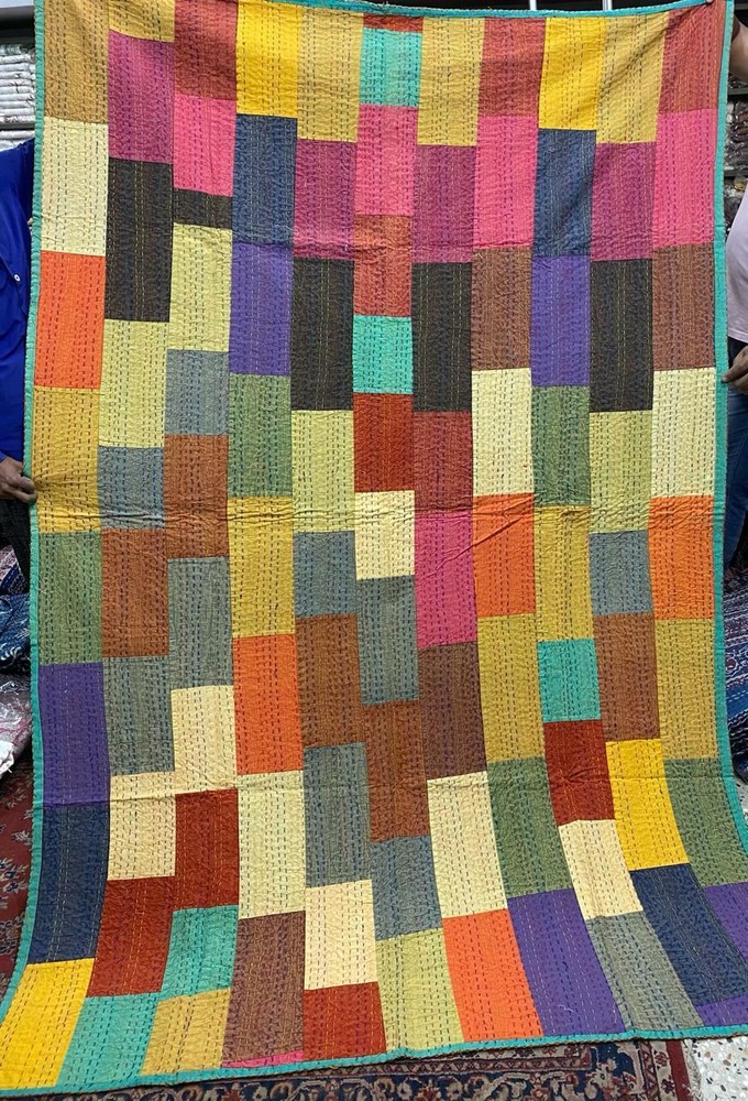 Indian Handmade Patchwork Kantha Quilt Throw Reversible Bedspread Twin Blanket