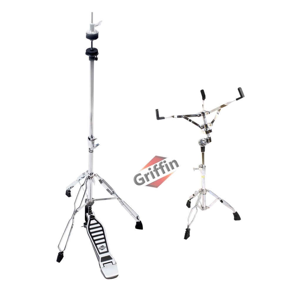 GRIFFIN 2-PACK Snare Stand & Hi-Hat Pedal | Drum Hardware Pull Chain Chrome Set
