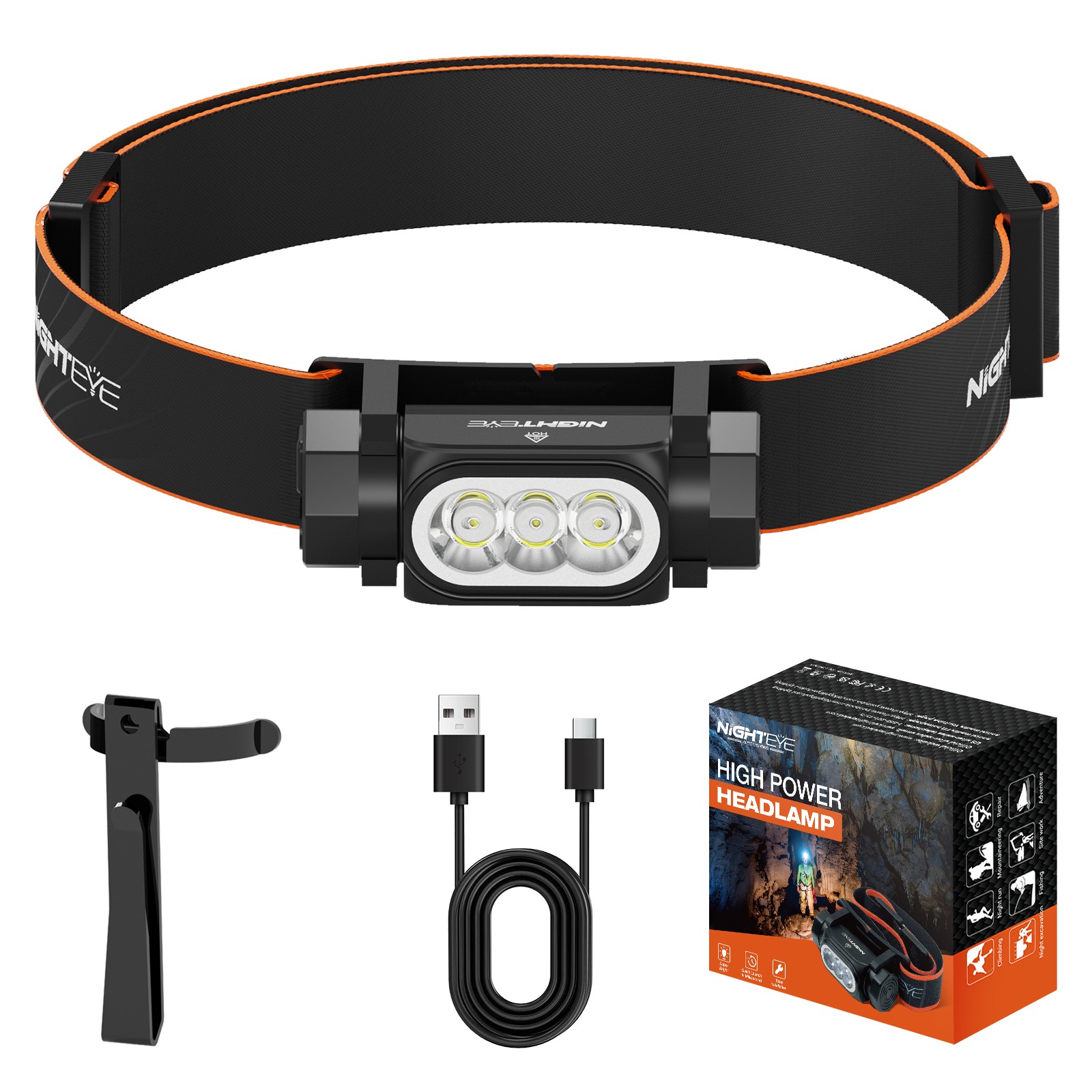NIGHTEYE 2000 Lumen LED Rechargeable USB-C Camping Headlamp Super Bright Adult