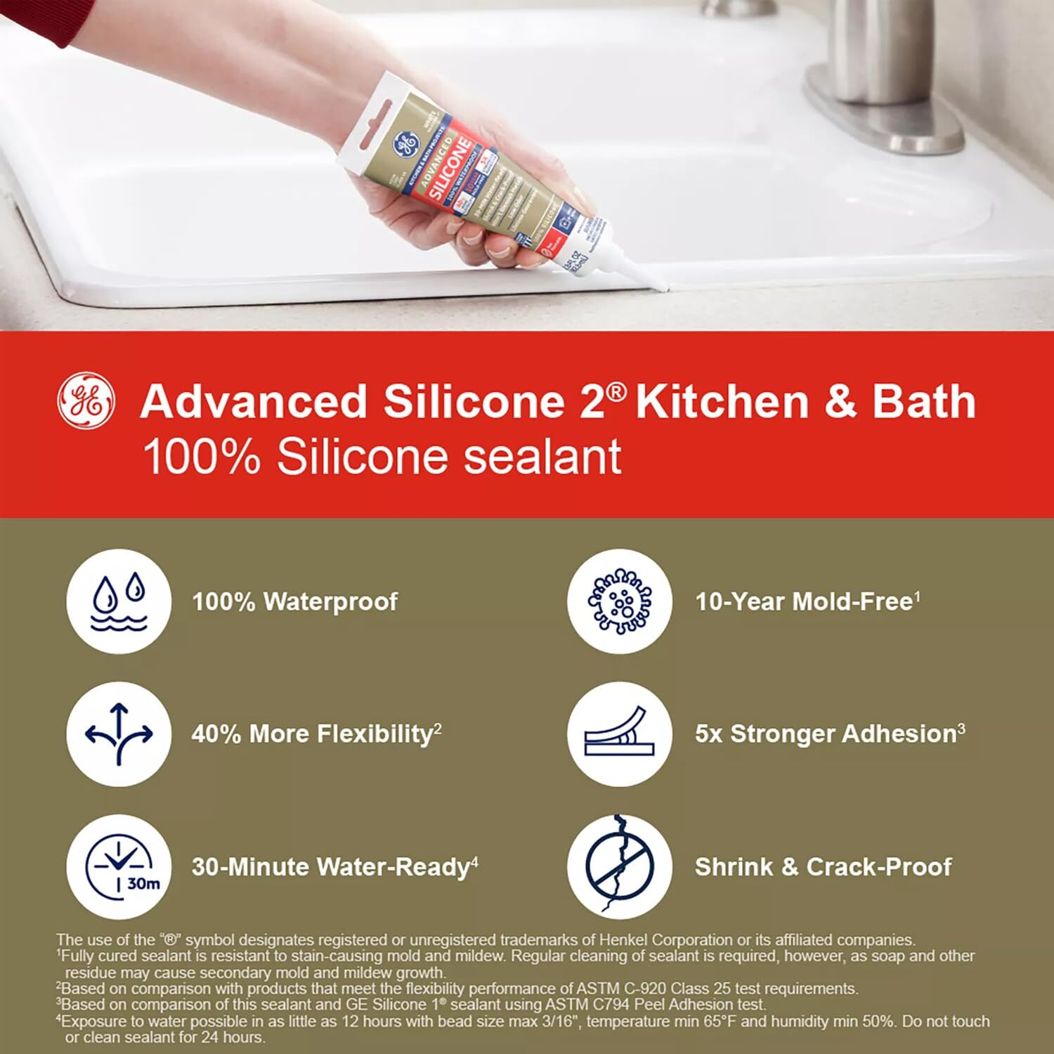 Top GE Silicone Caulk - Kitchen, Bathroom, 100% Waterproof, 5X Stronger Adhesion