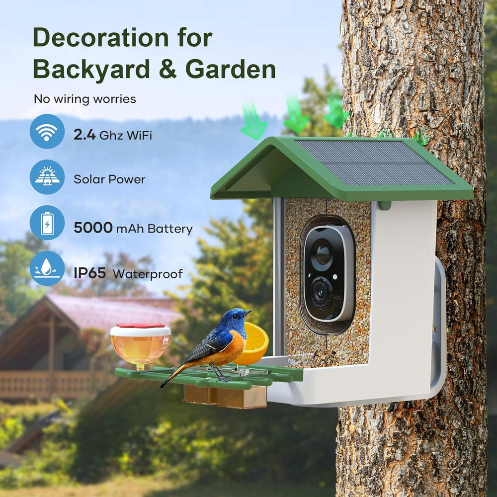 Smart Bird Feeder with Camera: Solar Powered Birdhouse with AI Recognition, Wire