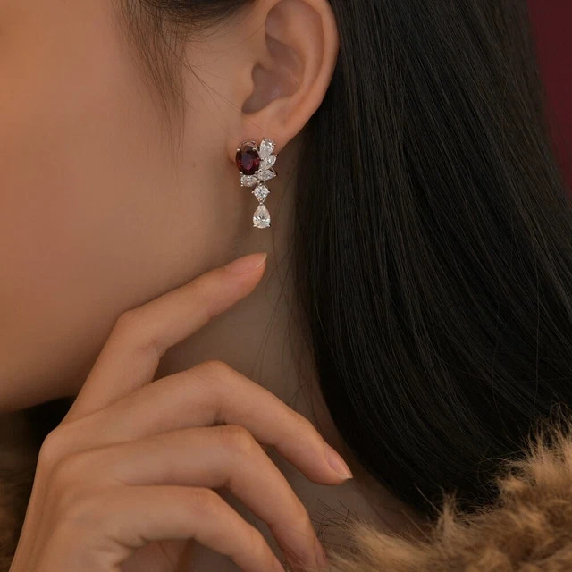 2.20Ct Oval Cut Lab-Created Red Ruby Drop Dangle Earrings 14k White Gold Plated