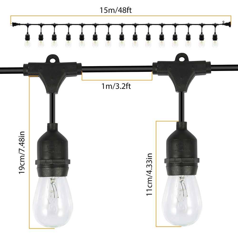 48 ft Outdoor String Lights Commercial Weatherproof Edison Vintage Bulbs Sockets