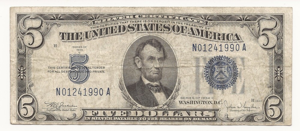 1934-C $5 Dollar Bill Silver Certificate Note Birthday Serial 990A-XP