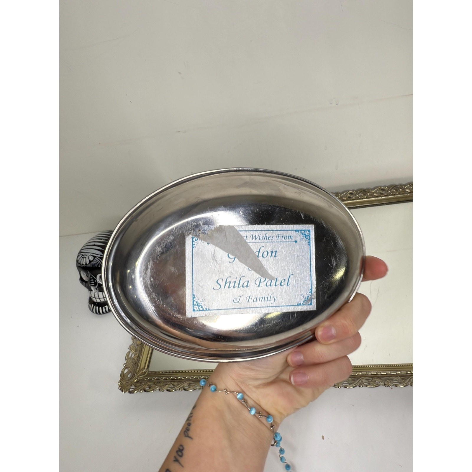 Vintage India Blue and Silver Mirroed Mosiac Tray for trinkets and jewelry