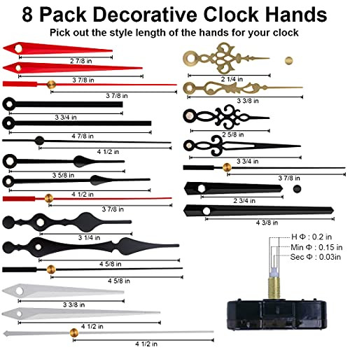 EMOON 4 Pieces Clock Mechanism Replacement Kit with 8 Pack Clock Hands, Silent