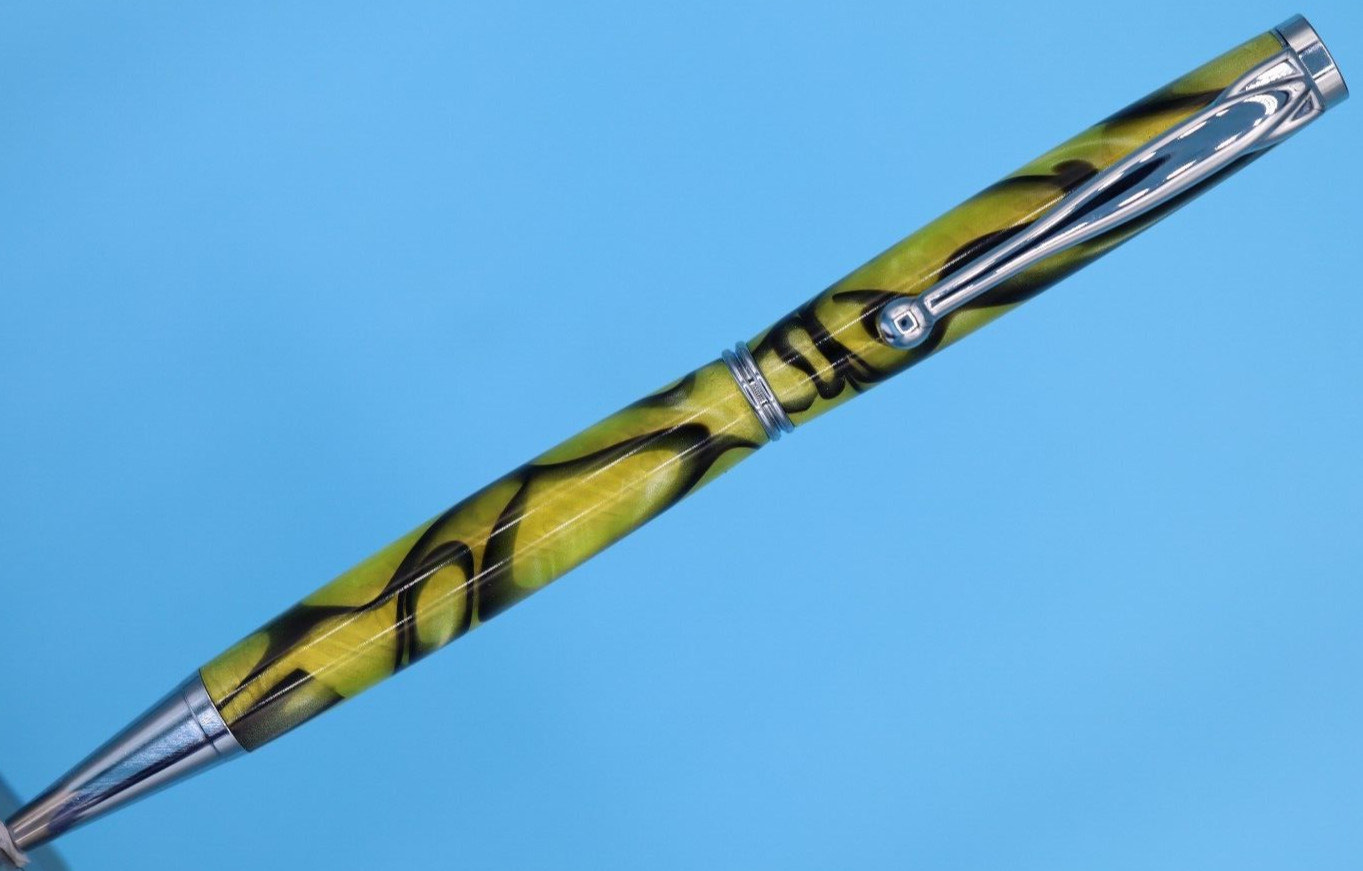 Fancy Slimline Ballpoint Pen in Chrome with Gold Resin and Black Swirls