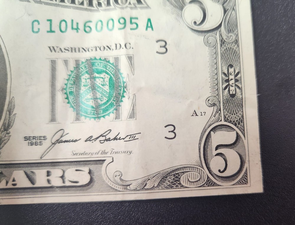 1985 5 dollar bill Miscut ERROR