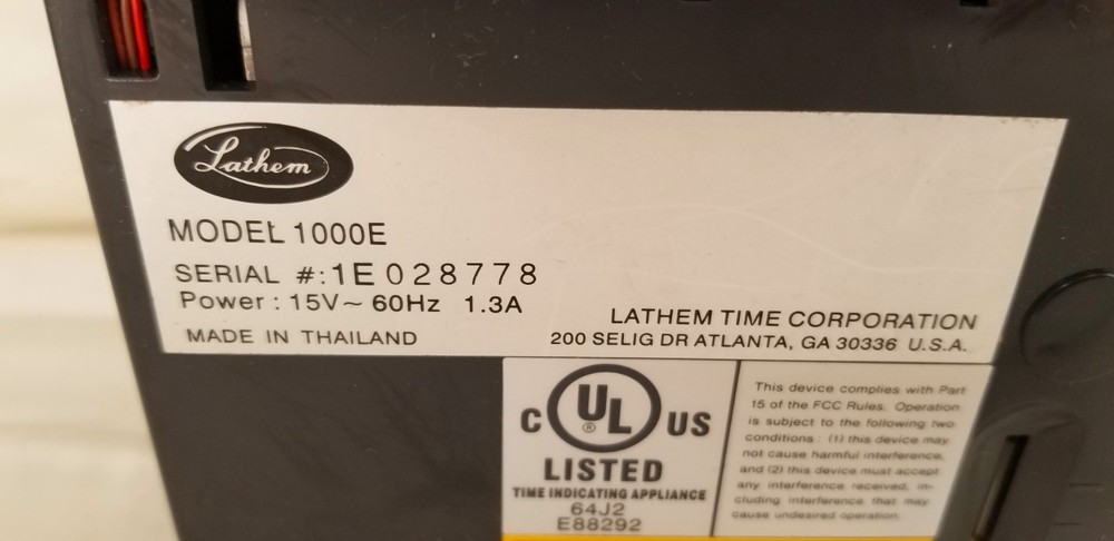Lathem 1000E Electronic Time Recorder Time Clock/Document Stamp w/ AC Adapter