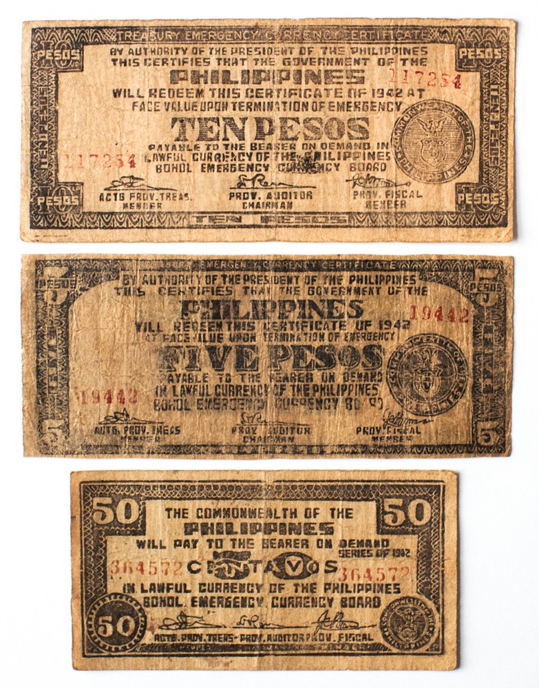3 diff. Philippines WW2 Bohol guerrilla paper money circ.