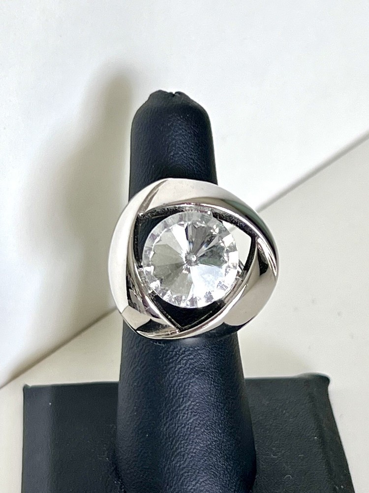 Silver and Crystal Wire Wrapped Button Ring Statement Piece Size 7
