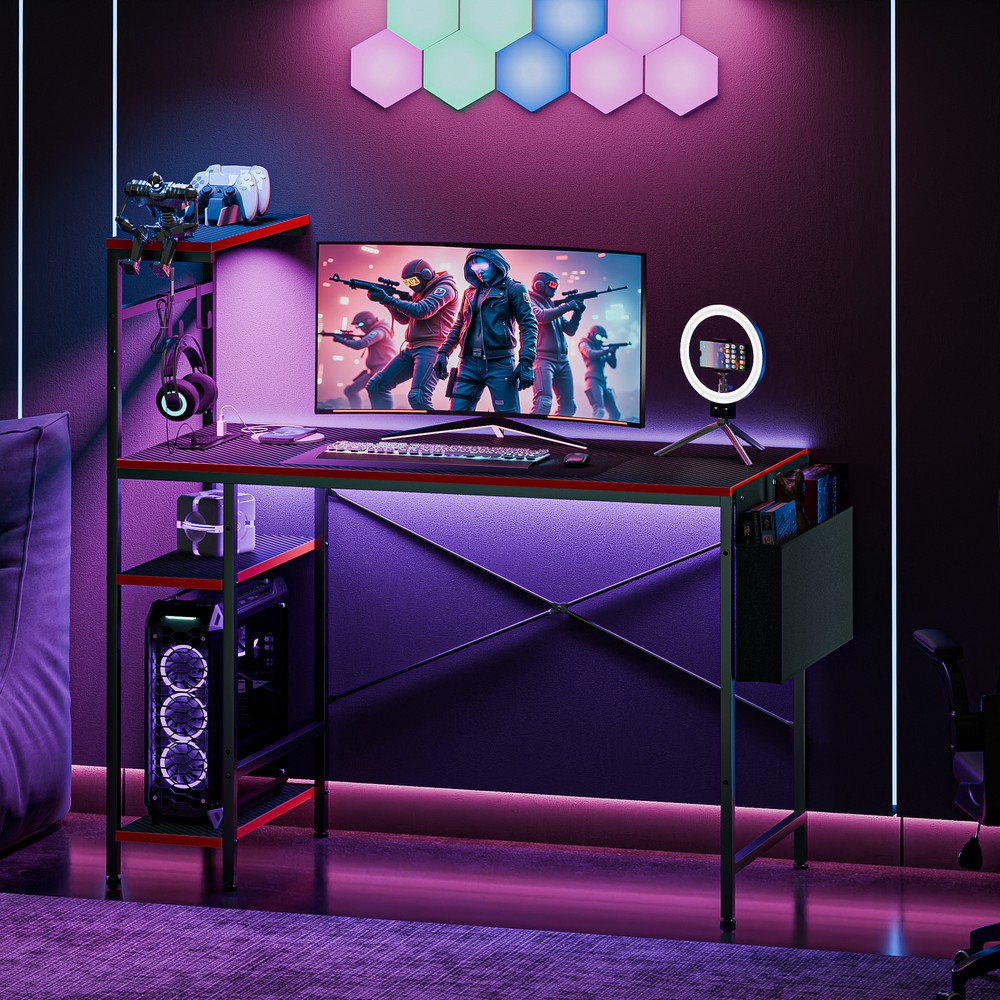 44" Computer Desk Rectangular Gaming Desk with LED Lights & Power Outlets Black