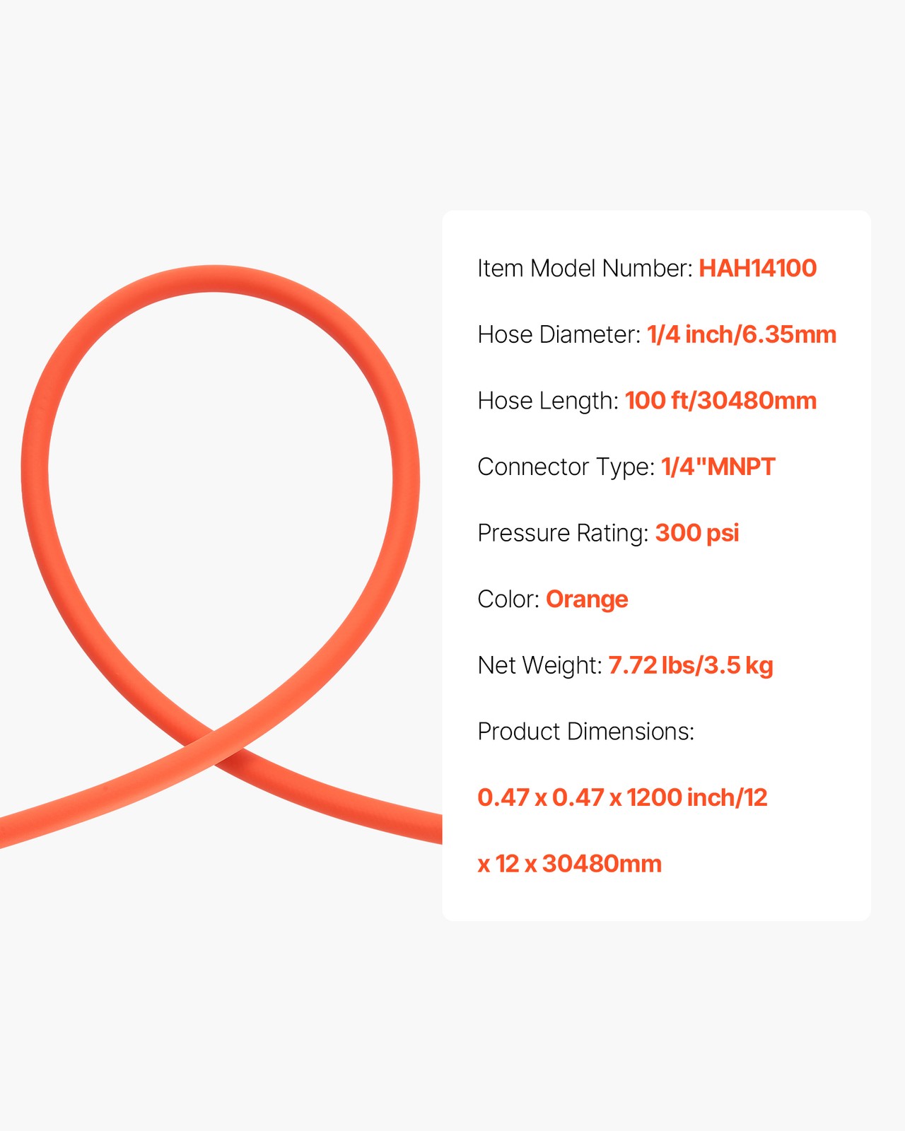 VEVOR Air Hose 1/4"x100ft Hybrid Air Hose with 1/4 inch Solid Brass Male Fitting