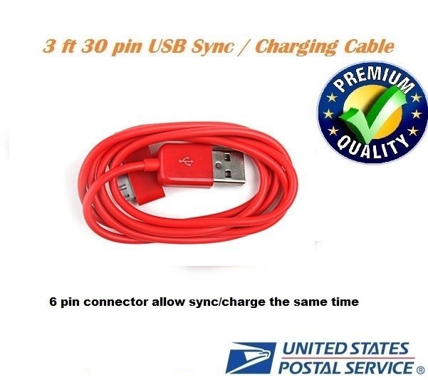 Red 3ft 30 pin to USB Sync Data Charging Cable for iPad1 iPad2 iPad3 iPhone4