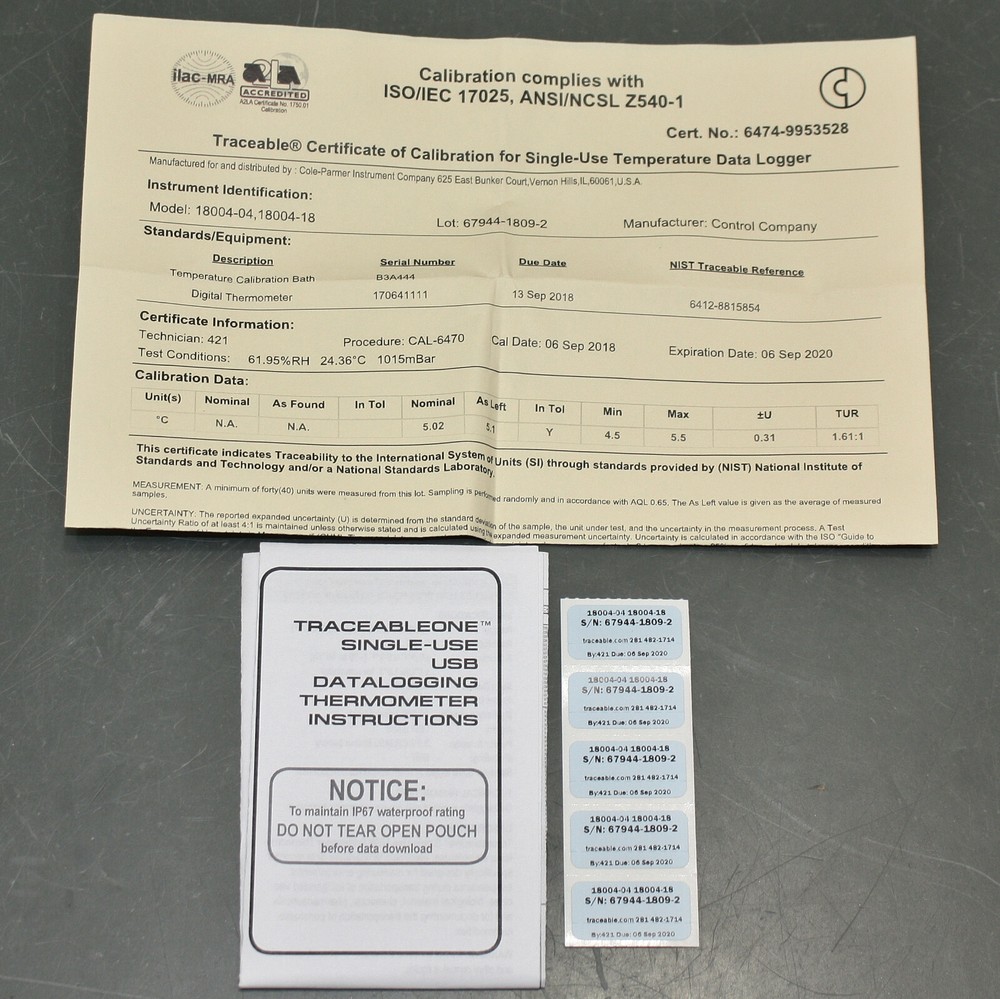 Traceable USB Temp Data Logger 6474, Single Use Thermometer, 8° C, 2° C