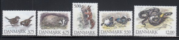 DENMARK Sparrows, Badger, Squirrel, Grouse & Grass Snake MNH set