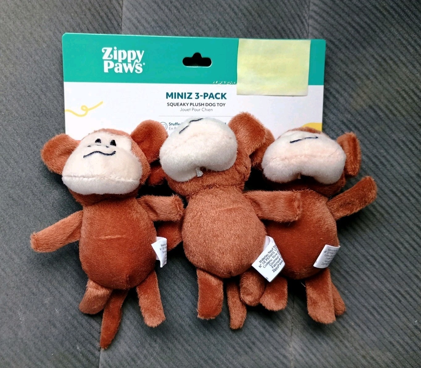 Zippy Paws Plush 3 Miniz Monkeys Mini Pet Dog Toy Squeaks Brown 4.5* NEW