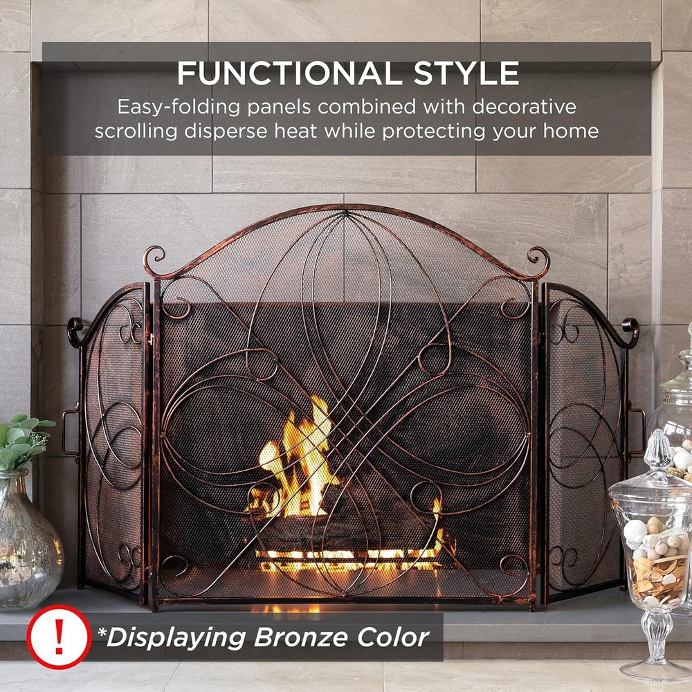 3-Panel 55x33in Solid Wrought Iron See-Through Metal Fireplace Screen Spark