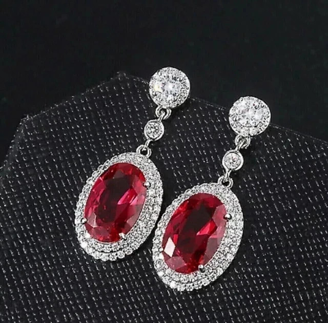 3Ct Oval Cut Lab-Created Red Ruby Halo Drop Dangle Earring 14K White Gold Plated
