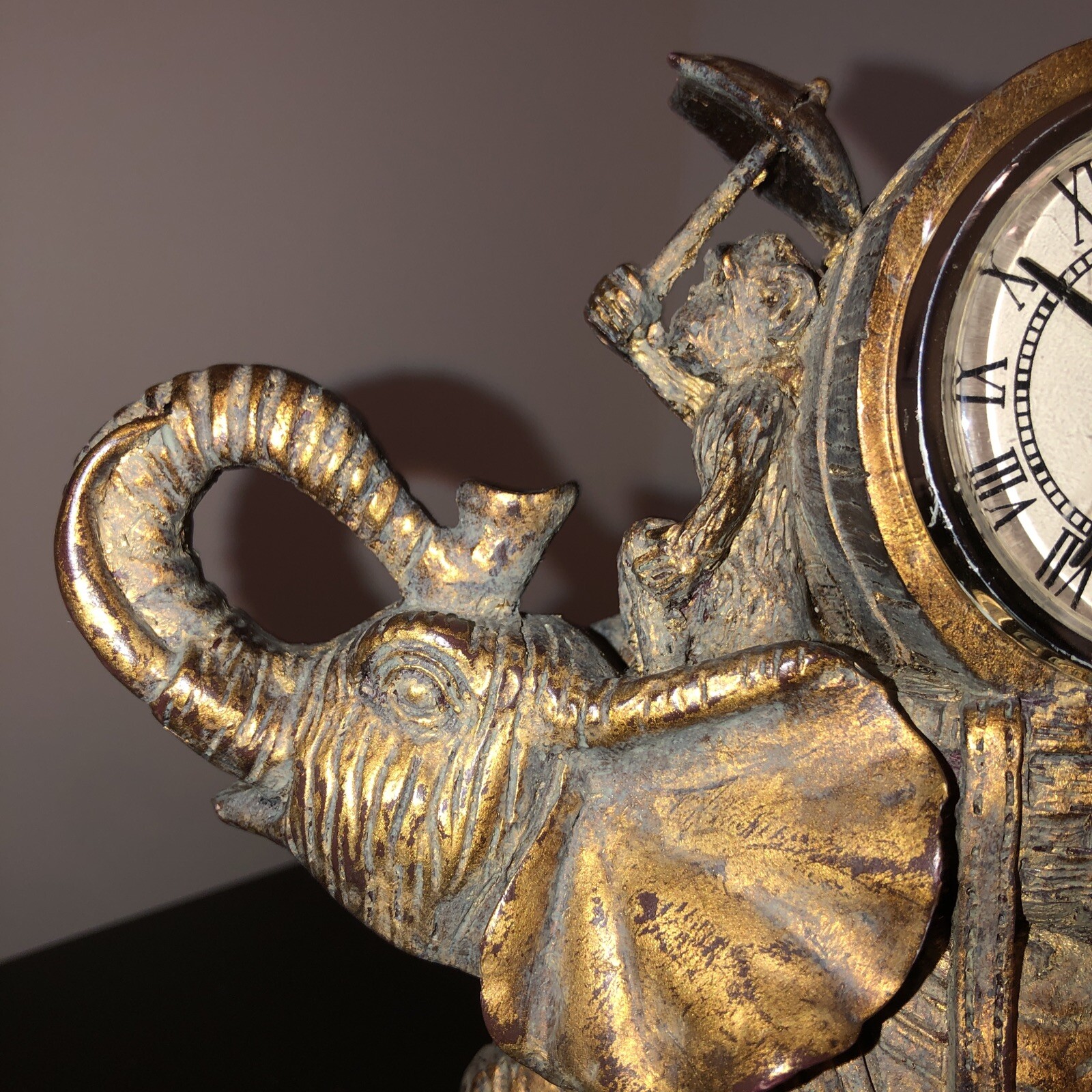 Bronze Style Resin Elephant Riding Monkey Mantle Quartz (Clock not working) 6"
