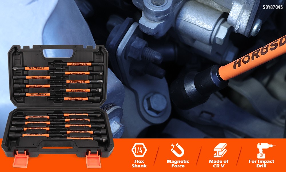 18PC Impact Magnetic Nut Drivers Set SAE & Metric Extra Long 1/4" Hex Shank Case