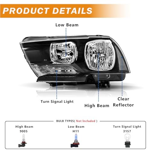 Headlights Assembly Compatible with 2011 2012 2013 2014 Dodge Black Clear Side