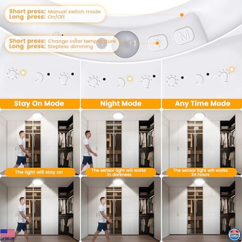 SunRider 2Pack Rechargeable Motion Sensor LED Ceiling Light with Remote, 3CCT