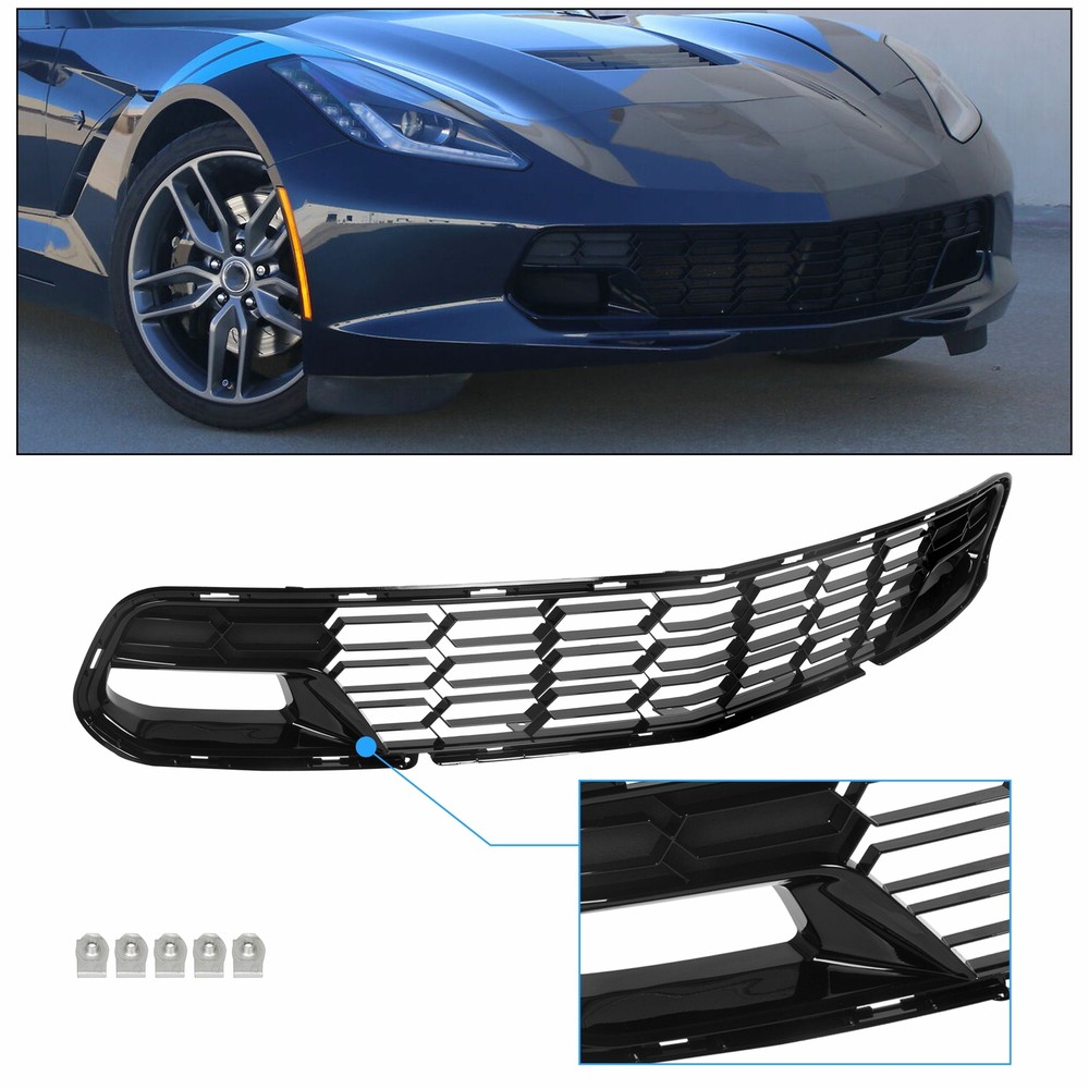 For 14-19 Corvette C7 No Camera Z06 Glossy Black Front Bumper Grille