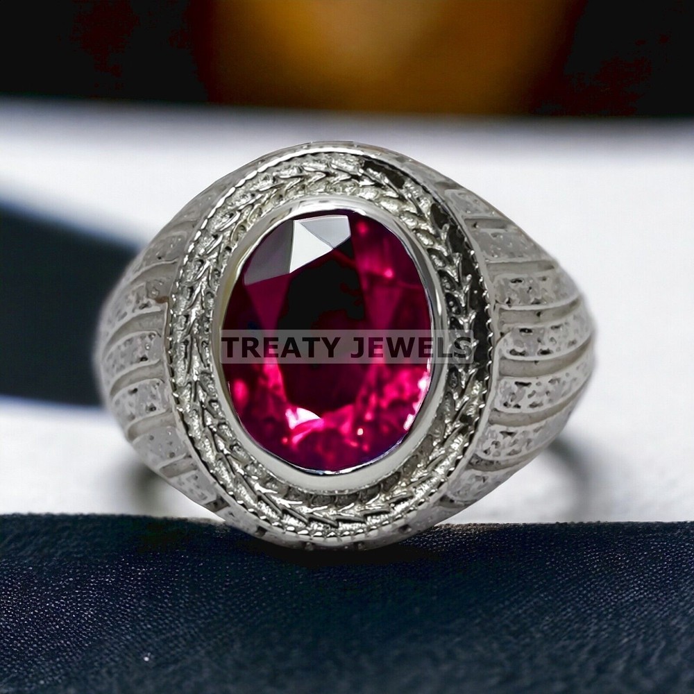 Ruby Oval Cut Gemstone With Solid 14K White Gold Ring For Men's #A44 #