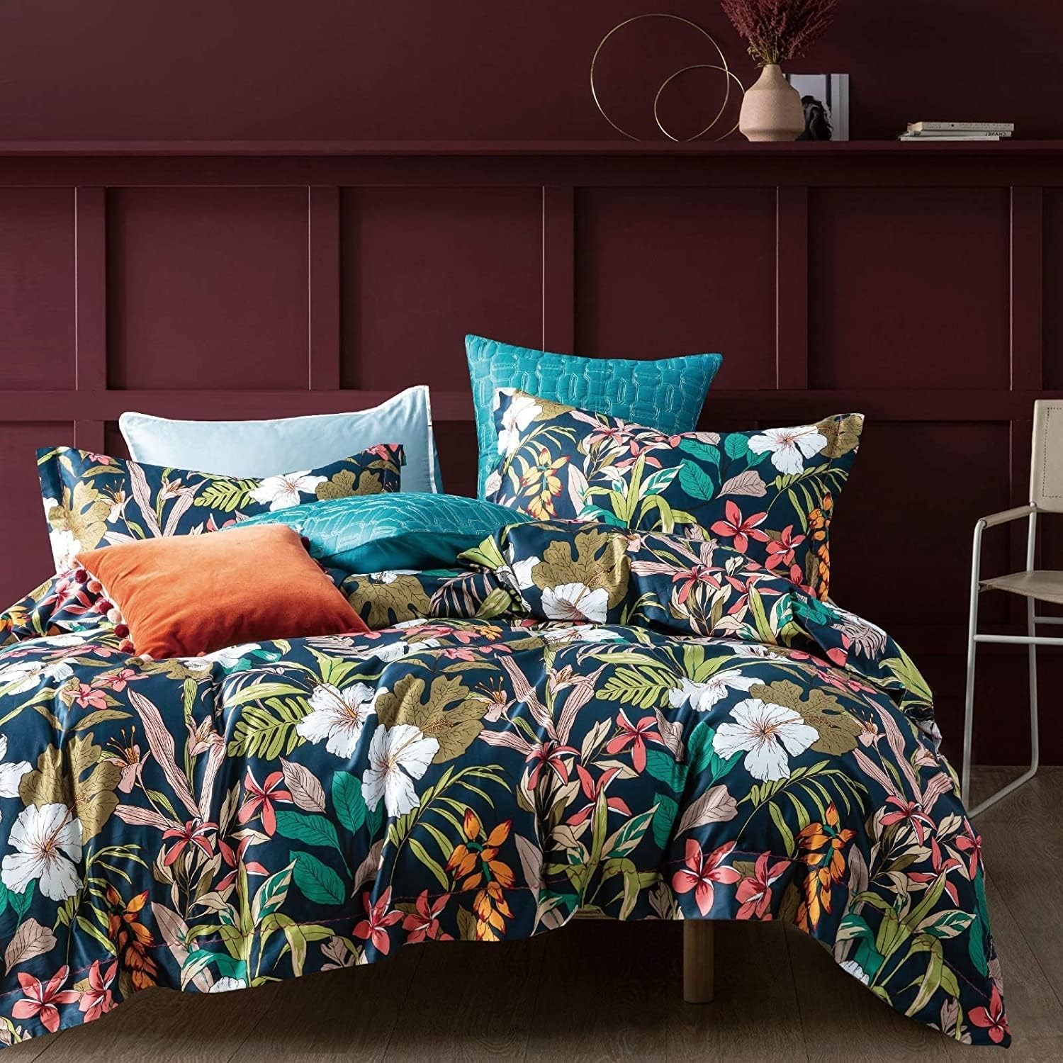 Eikei Midnight Teal Botanical Duvet Cover Egyptian Cotton Bedding Super King Set