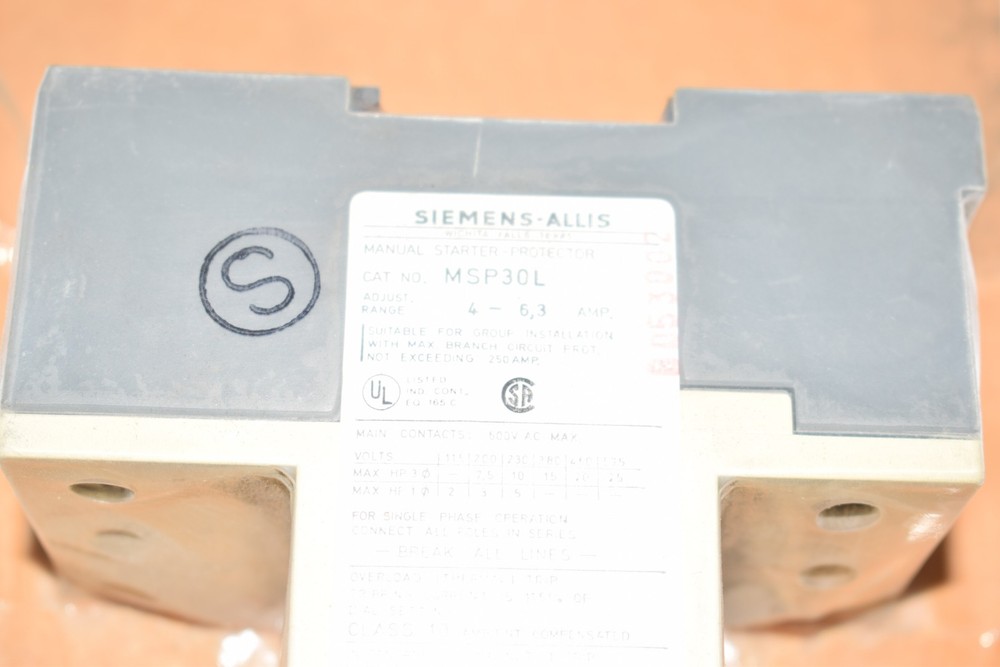 NEW Siemens MSP30L Manual Starter Protector Adjustable Range 4-6,3 Amp