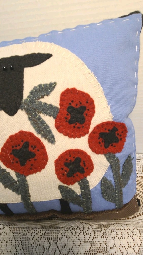 Picking Poppies Sheep Applique' Pattern Throw Pillow