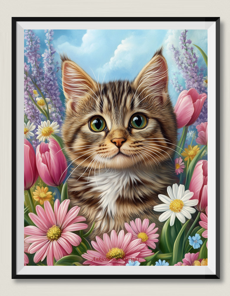 Springtime Tabby - DIY Chart Counted Cross Stitch Patterns Needlework DMC Color