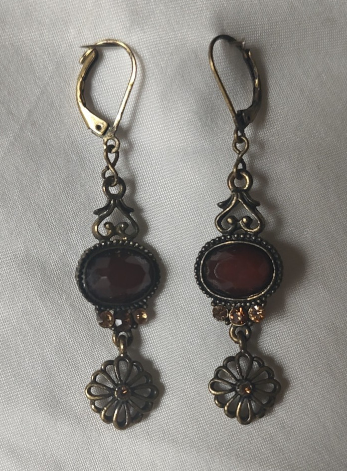 LIA SOPHIA Brass-tone copper brown Rhinestone Pierced Earring dangle lobster