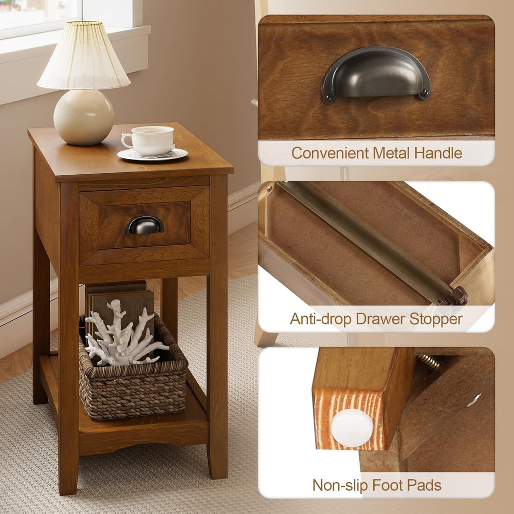 End Table with Drawer, Retro Narrow Side Table, Nightstand with Solid Wood & Sto