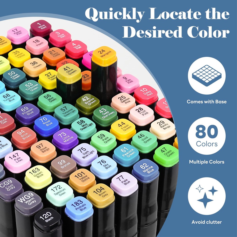 80 Colors Alcohol Based Double Sided Marker Set with Brush Tip and Chisel Tip...