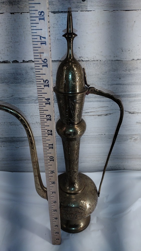 Large Etched Antique Middle Eastern Solid Brass Tea Coffee Pot Pitcher Vase 18IN