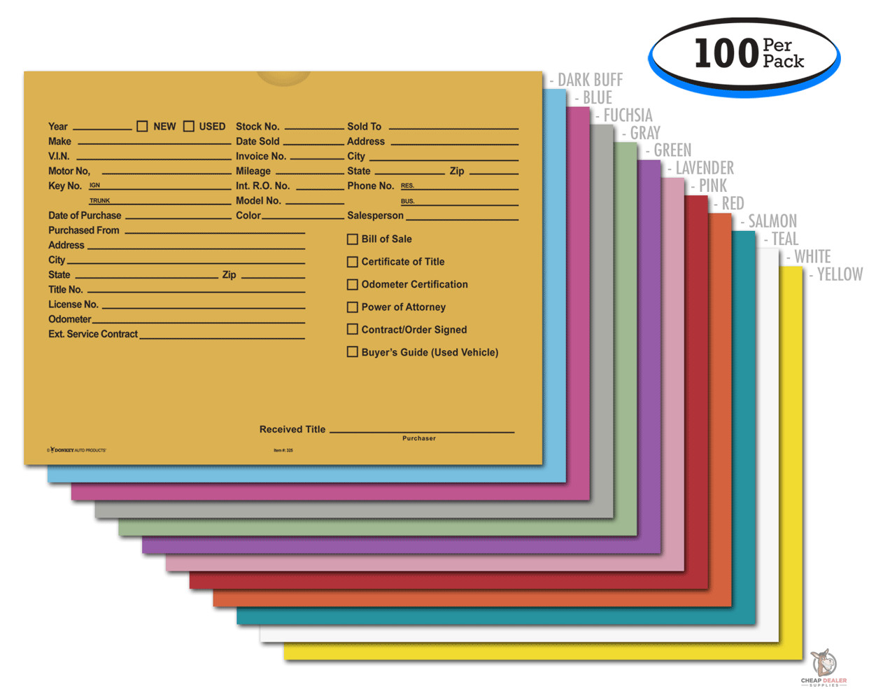 Printed 9x12 Vehicle Deal Jackets Car Dealer Envelopes (100 per pack)