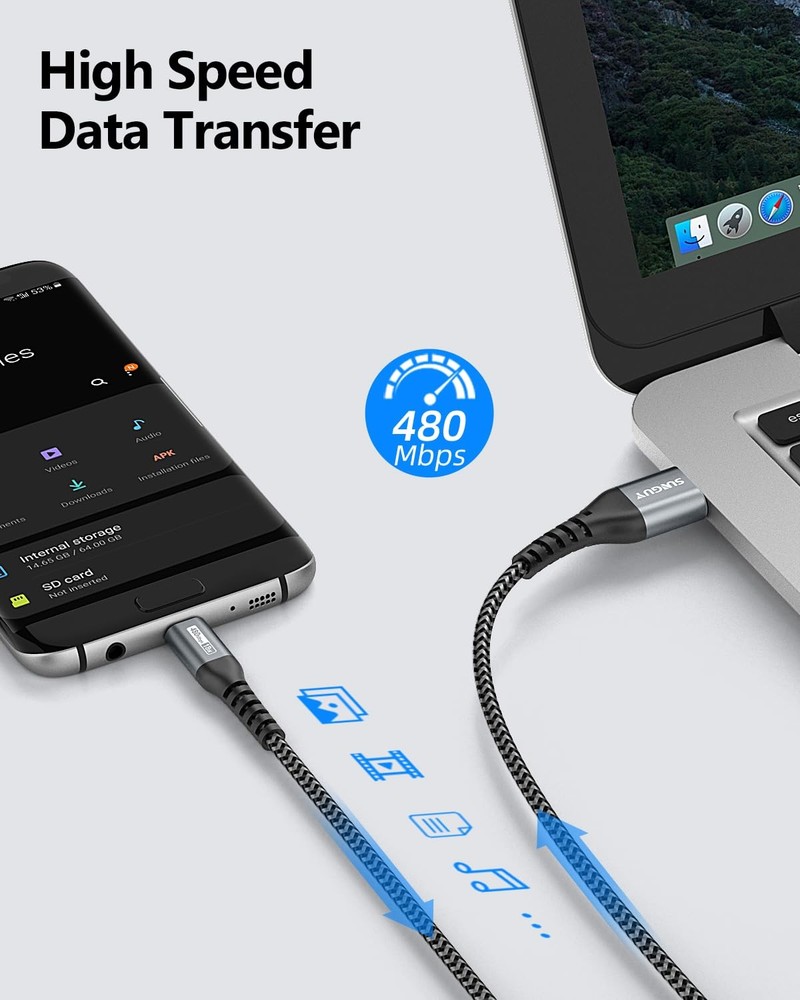 SUNGUY Micro USB Cable 2FT [3Pack], USB-A to Fast 2FT, Grey