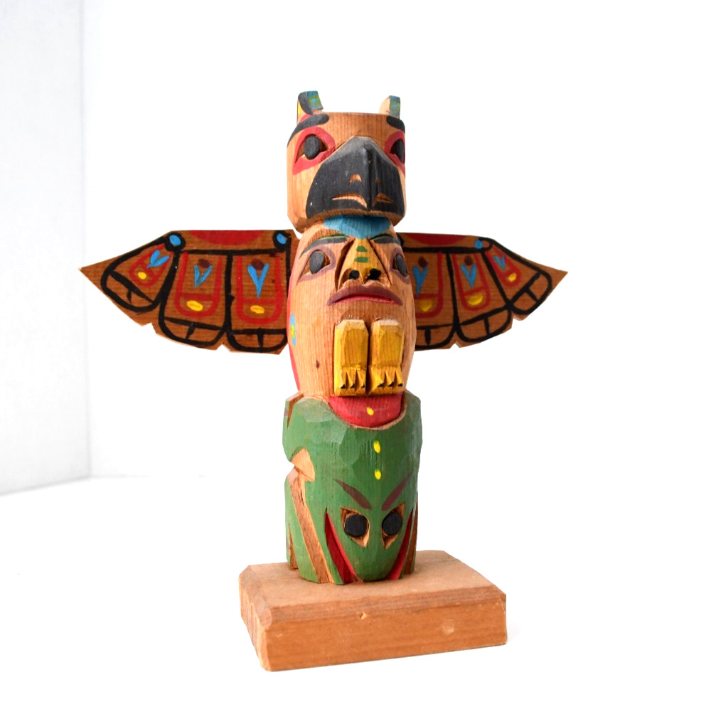 Vintage PWC Cedar Totem Pole Thunderbird Human and Frog 1970's Perfect 7x6.5