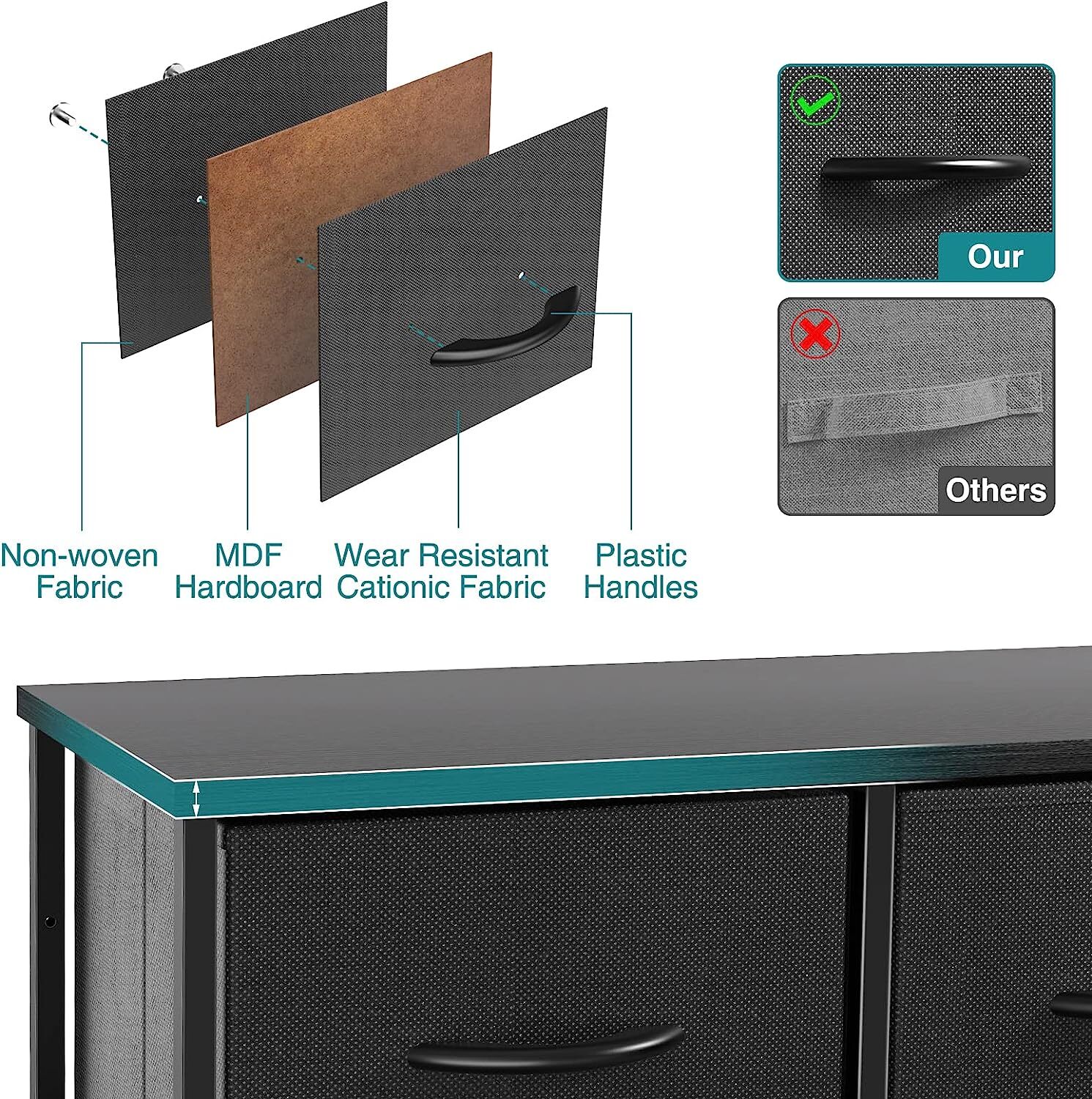 5 Drawers Black Dresser for Bedroom Wood Top Organizer Fabric Storage Drawers