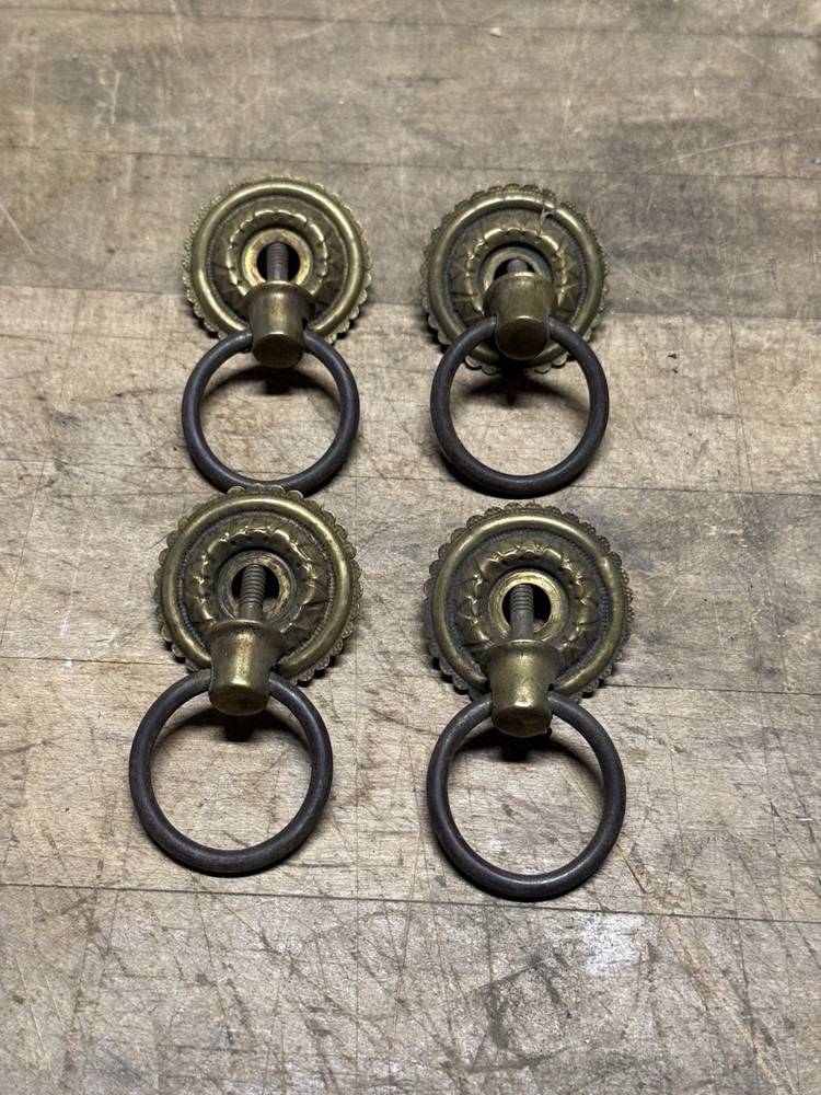 4 Victorian Drawer Pulls Hardware, Square Nut- Brass- Floral Design