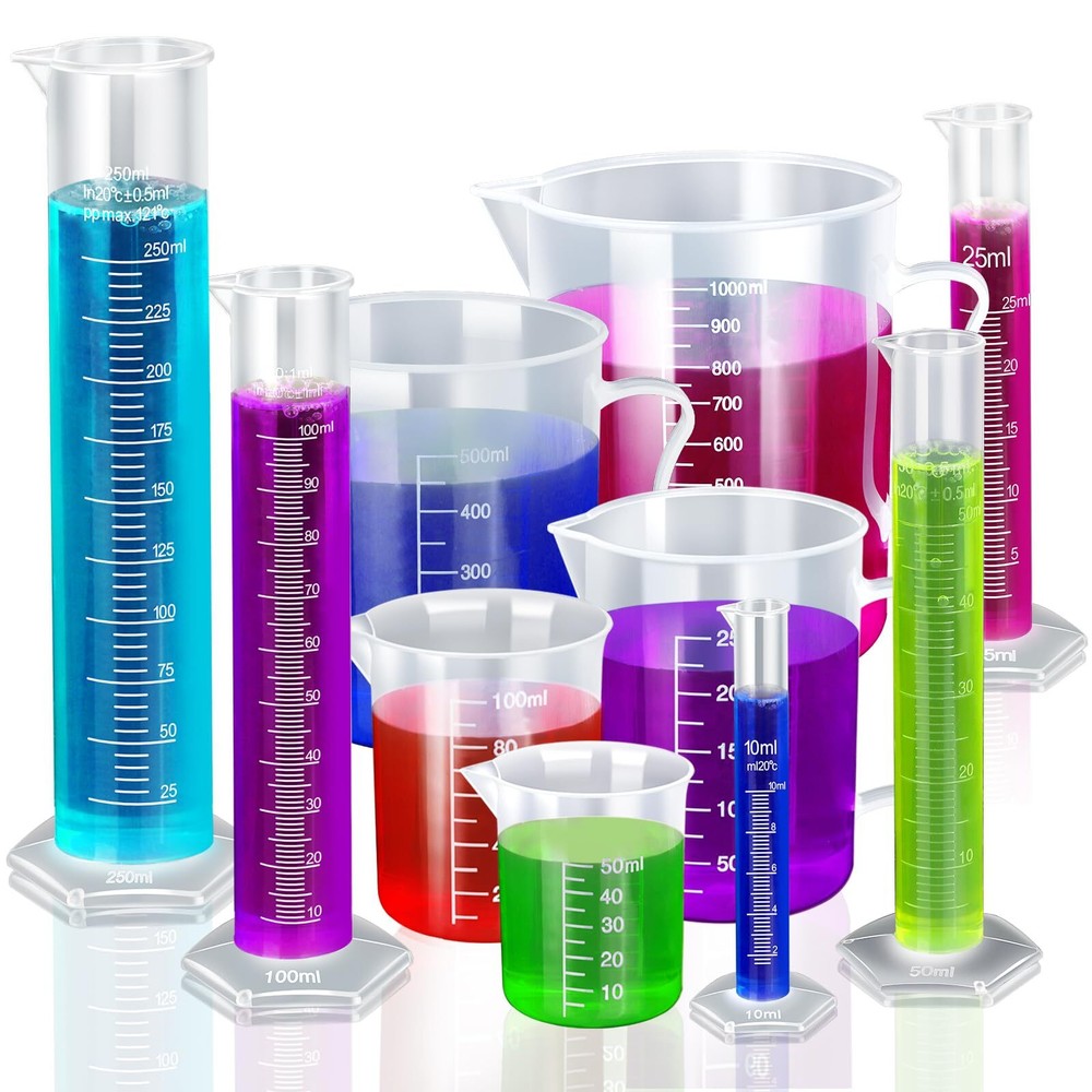 Graduated Cylinder and Beaker Set 10pcs Clear Plastic Various Sizes