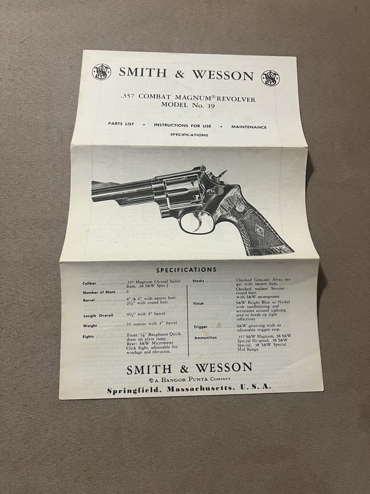 Factory Original Smith & Wesson Model 19 Manual S&W