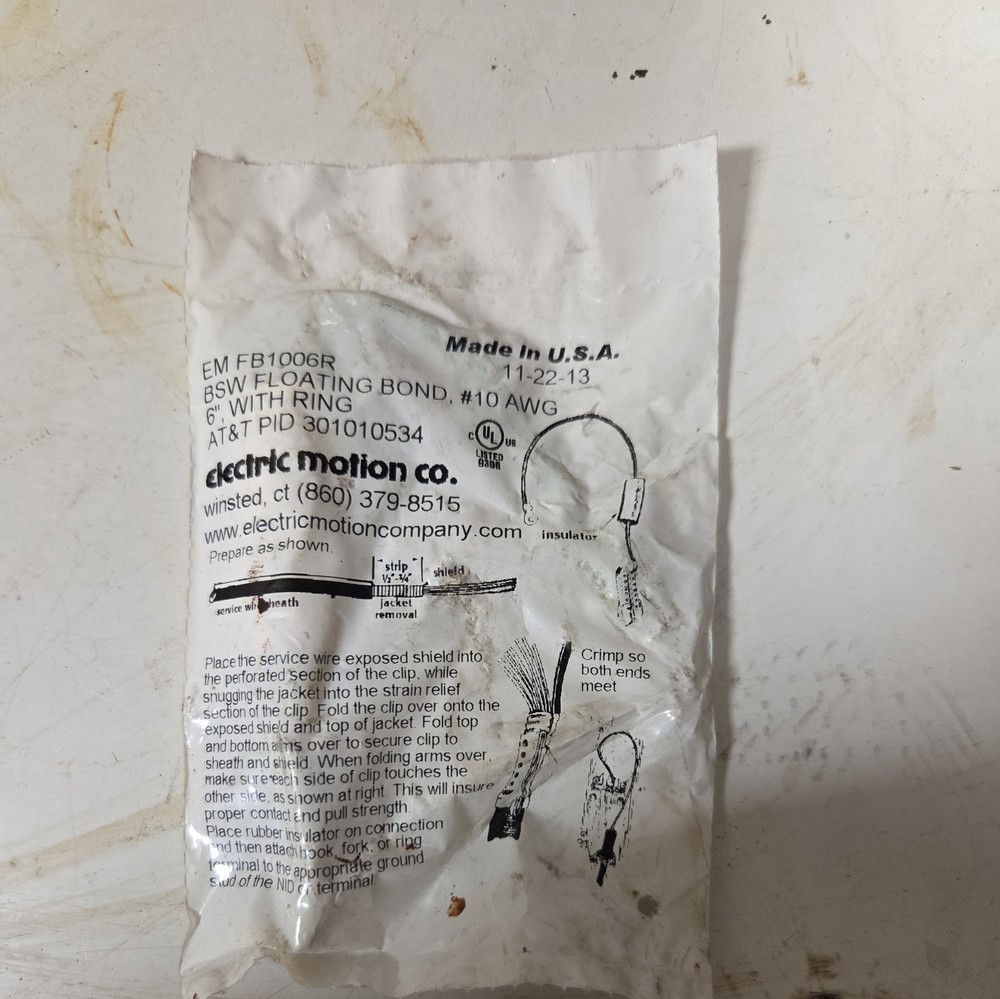 ELECTRIC MOTION EM FB1006R BSW FLOATING BOND #10 AWG 6" WITH RING