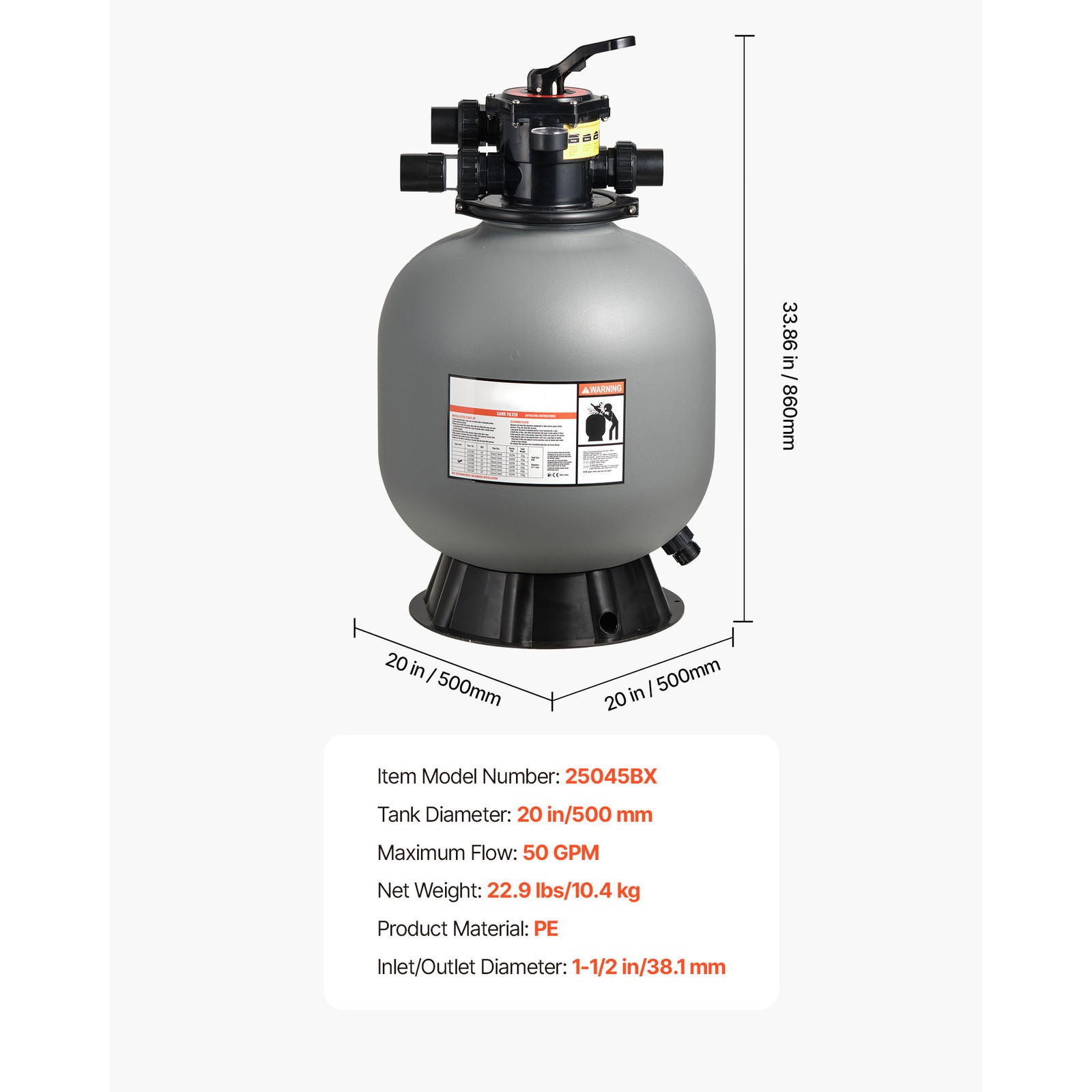 Uimoso 20-Inch Sand Filter with 7-Way Valve for Above-Ground Pools